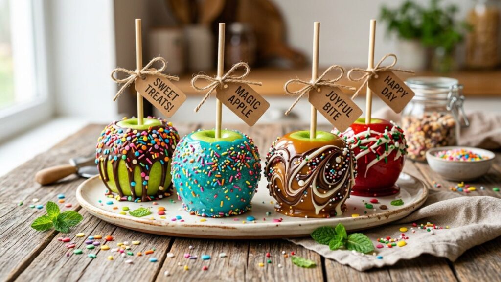 Colorful decorated apples with chocolate drizzle and sprinkles
