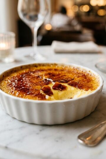 Classic crème brûlée with caramelized sugar crust in ramekin