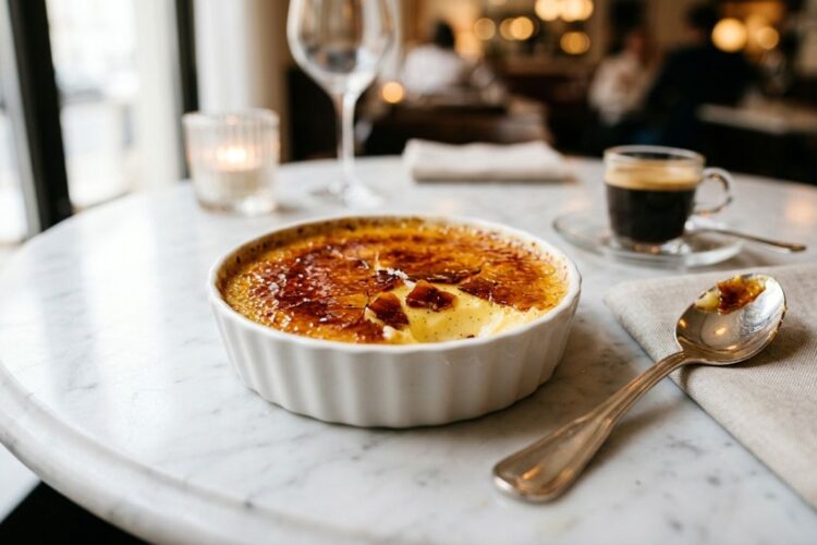 Classic crème brûlée with caramelized sugar crust in ramekin