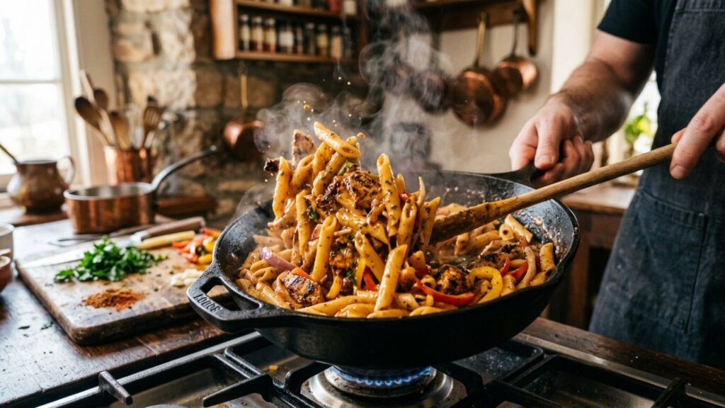 Pasta being mixed with creamy Cajun chicken sauce