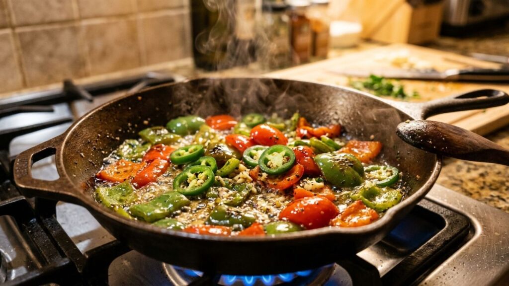 Bell peppers and jalapeños sautéing in butter and garlic