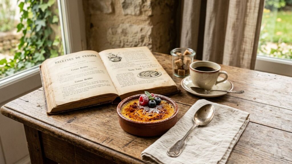 Traditional crème brûlée with vintage cookbook setting