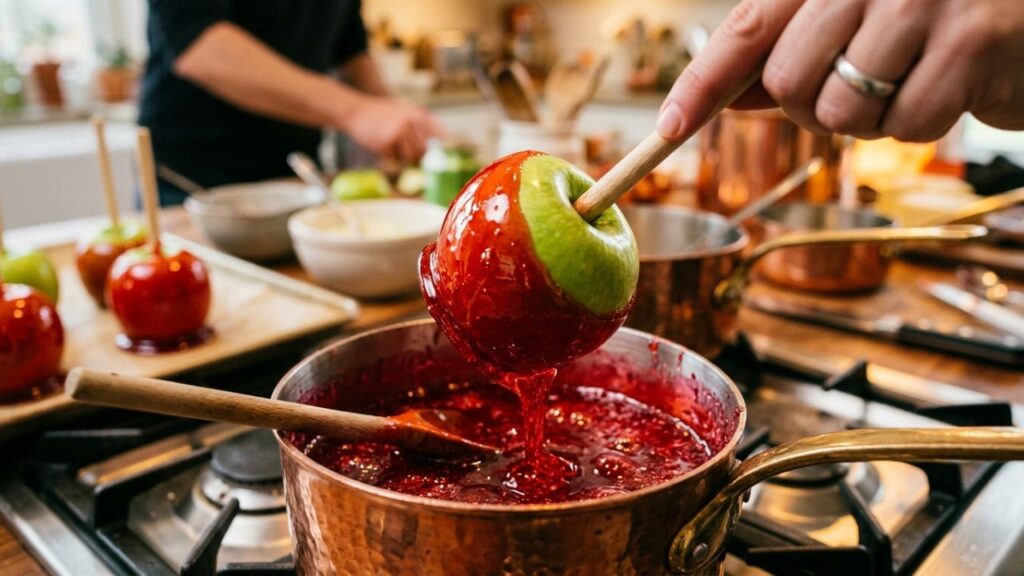 Hands dipping apples into red candy syrup
