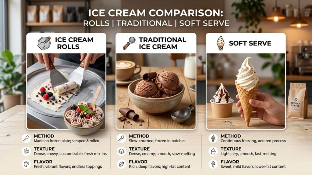 Comparison between rolled ice cream and other types