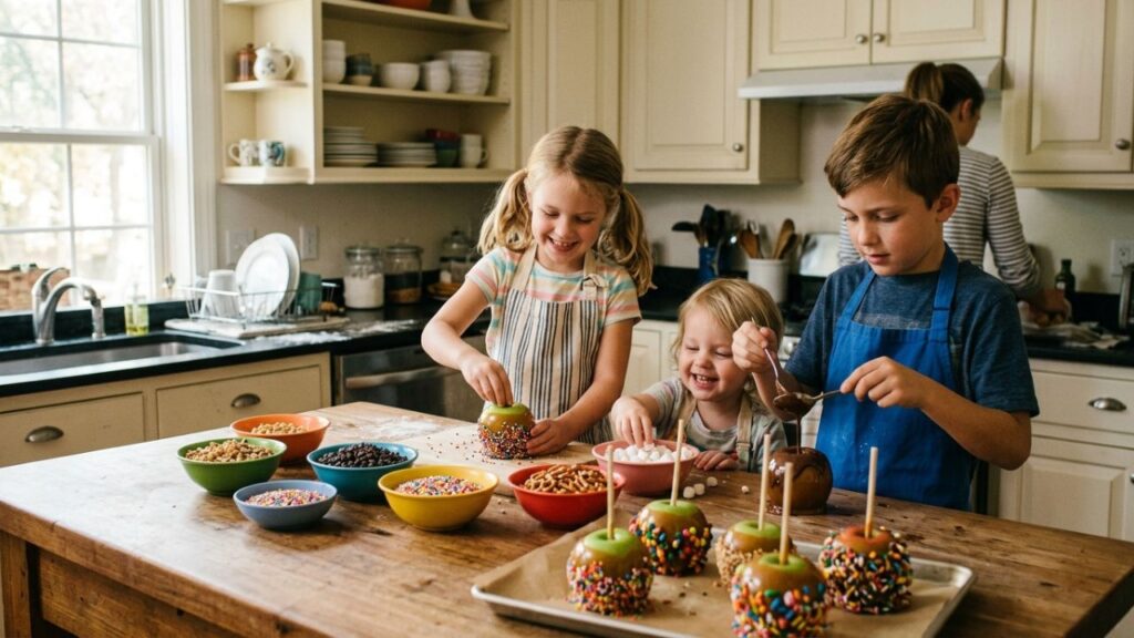 Children decorating apples with colorful toppings in kitchen
