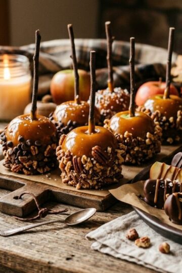 Colorful magic apple desserts including candy, caramel, and chocolate apples on a festive table
