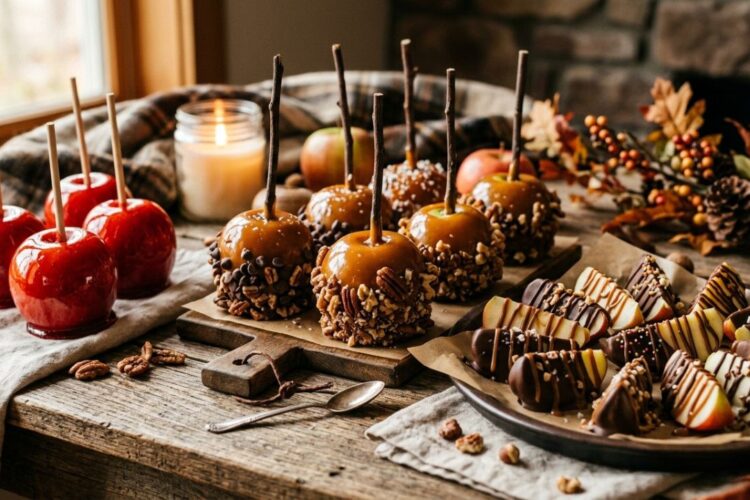 Colorful magic apple desserts including candy, caramel, and chocolate apples on a festive table