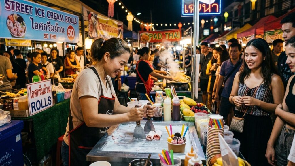 Street vendor making Thai rolled ice cream in a night market