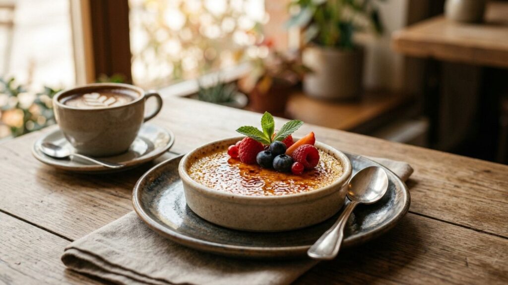 Crème brûlée served with fresh berries