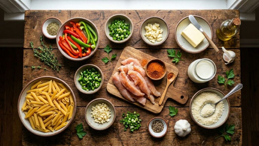 Ingredients for Cajun rattlesnake pasta arranged on a wooden table