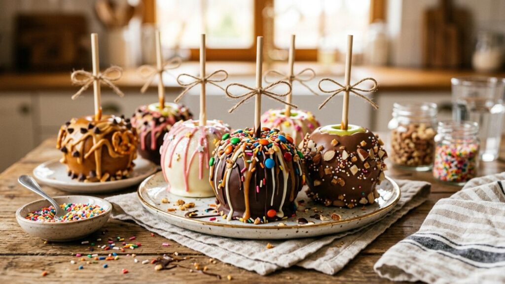 Beautiful colorful decorated apples showing creative dessert styles