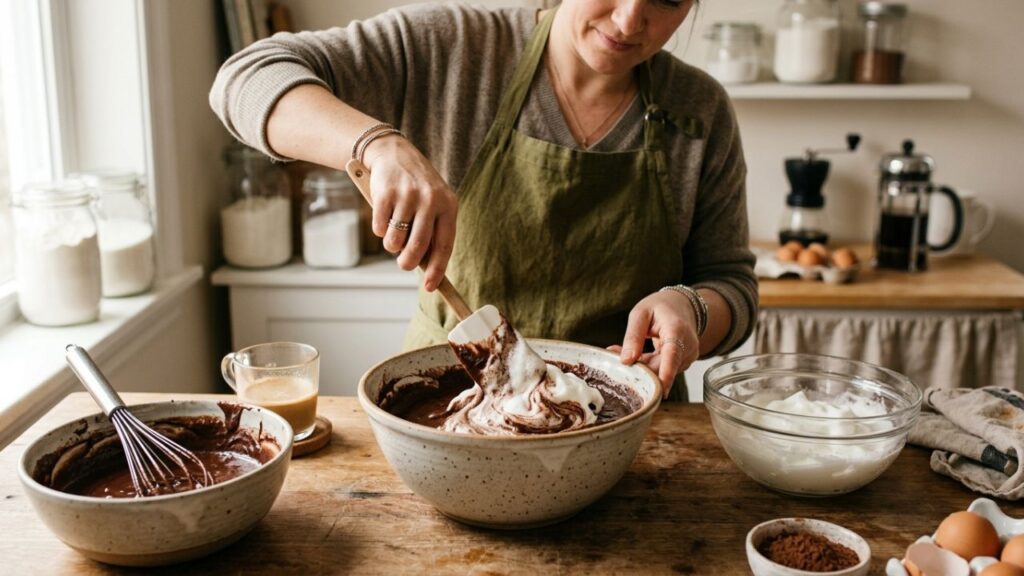 Mixing cake batter and folding egg whites for torte