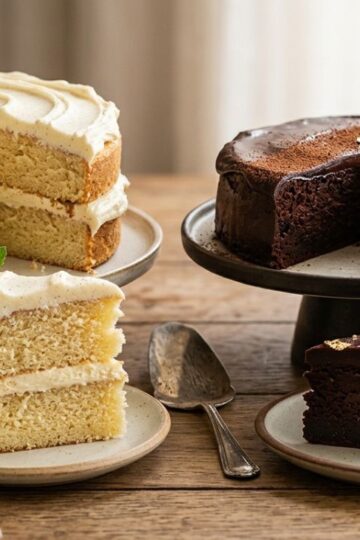 Side by side image of a fluffy cake and a dense chocolate torte showing texture differences