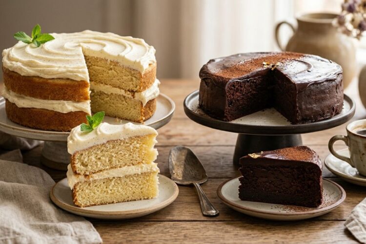 Side by side image of a fluffy cake and a dense chocolate torte showing texture differences