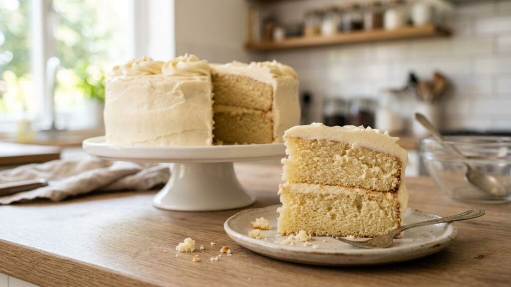 Slice of soft and fluffy vanilla cake with buttercream frosting
