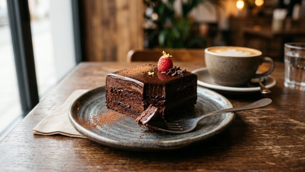 Rich chocolate torte slice with shiny ganache