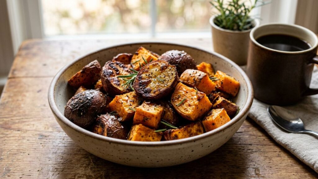  Mixed roasted red and sweet potatoes close-up