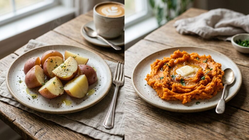 Cooked red potatoes and sweet potatoes side by side