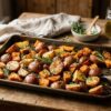 Roasted red potatoes and sweet potatoes with herbs on a baking tray