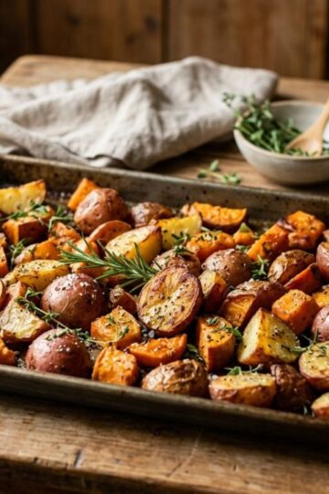 Roasted red potatoes and sweet potatoes with herbs on a baking tray