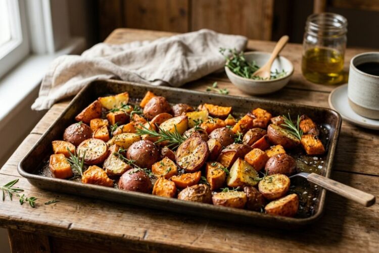 Roasted red potatoes and sweet potatoes with herbs on a baking tray