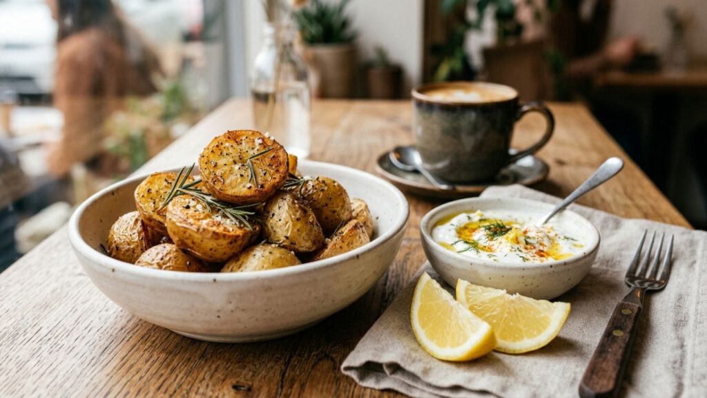 Roasted potatoes served with dip and lemon